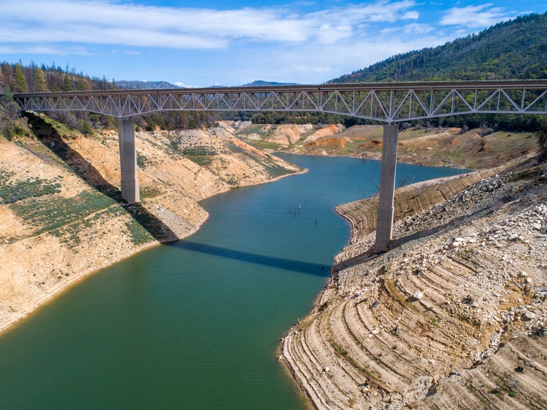 The Oroville Dam with extremely low water levels