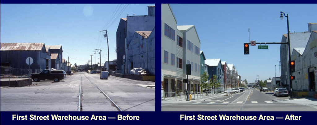 Downtown Petaluma before and after, on the left is a barren industrial strip, and on the right is a vibrant mixed-use area